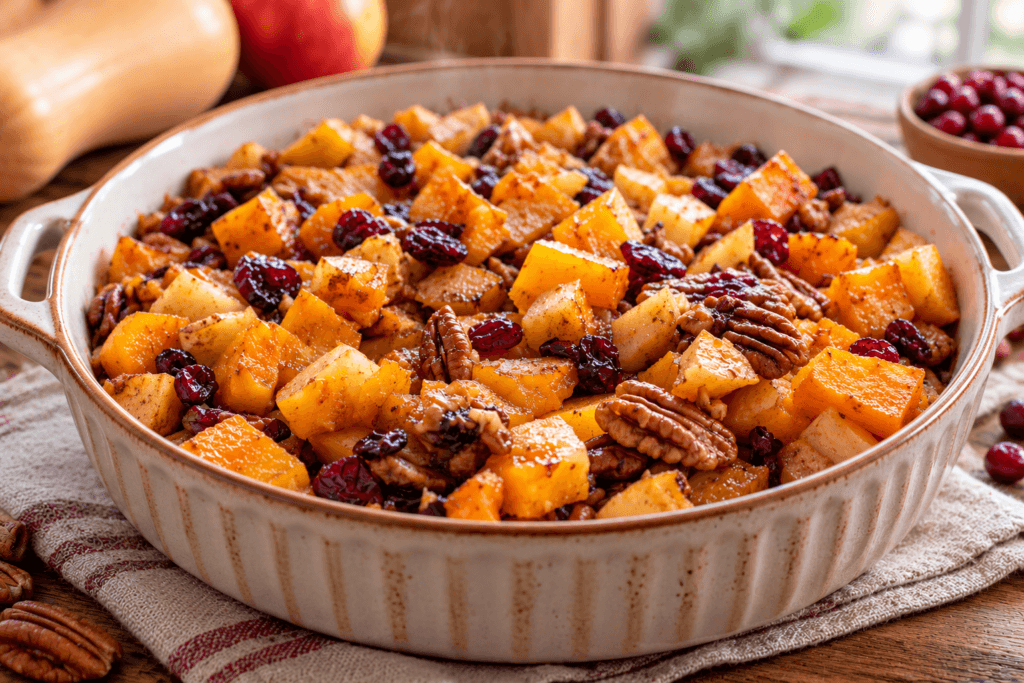Homemade butternut squash apple bake with roasted squash, tender apples, cranberries, and toasted pecans in a rustic cream ceramic baking dish.