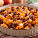 Homemade butternut squash apple bake with roasted squash, tender apples, cranberries, and toasted pecans in a rustic cream ceramic baking dish.