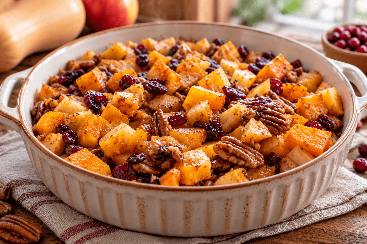 Butternut Squash Apple Bake: Easy, Cozy Fall Side Dish 3 Homemade butternut squash apple bake with roasted squash, tender apples, cranberries, and toasted pecans in a rustic cream ceramic baking dish.