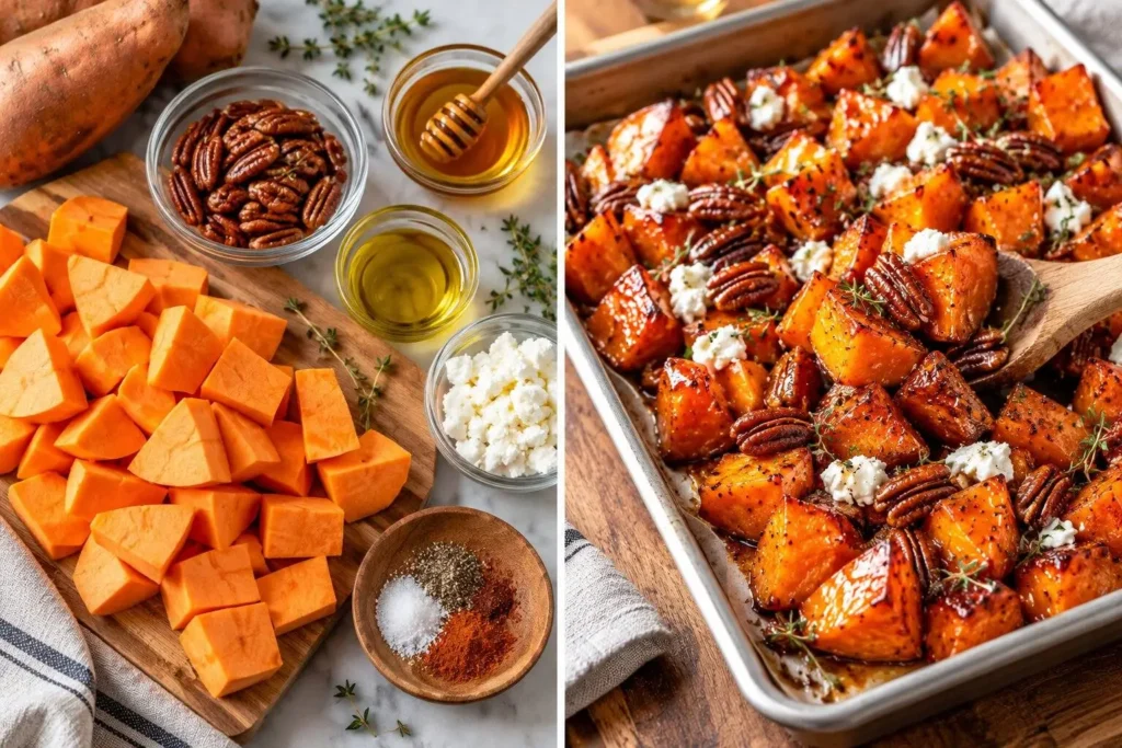 Crispy Honey Roasted Sweet Potatoes – Easy & Delicious Oven Recipe 4 Fresh cubed sweet potatoes, honey, pecans, olive oil, and seasonings alongside a tray of crispy honey roasted sweet potatoes topped with cheese and thyme.