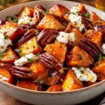 Crispy honey roasted sweet potatoes topped with toasted pecans, creamy cheese, and fresh thyme in a rustic ceramic bowl.