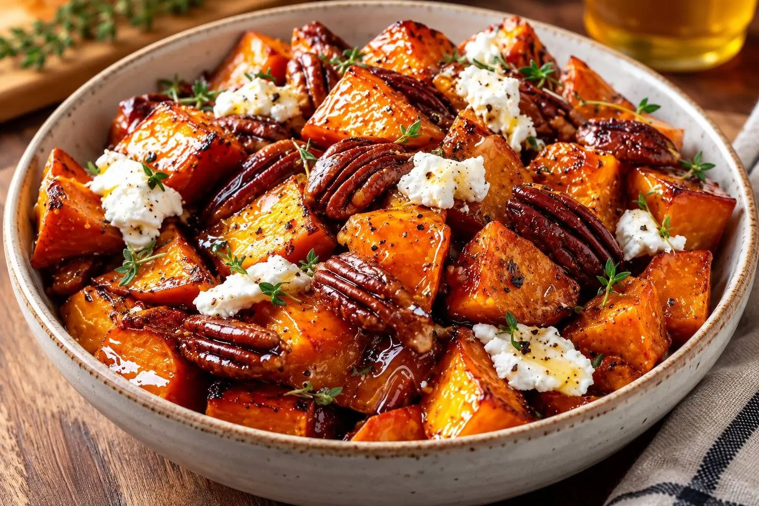 Crispy Honey Roasted Sweet Potatoes – Easy & Delicious Oven Recipe 3 Crispy honey roasted sweet potatoes topped with toasted pecans, creamy cheese, and fresh thyme in a rustic ceramic bowl.