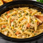 Creamy Crock Pot Chicken Pot Pie Pasta with tender chicken, penne pasta, peas, carrots, and corn in a rich sauce, served in a black slow cooker with a wooden spoon.