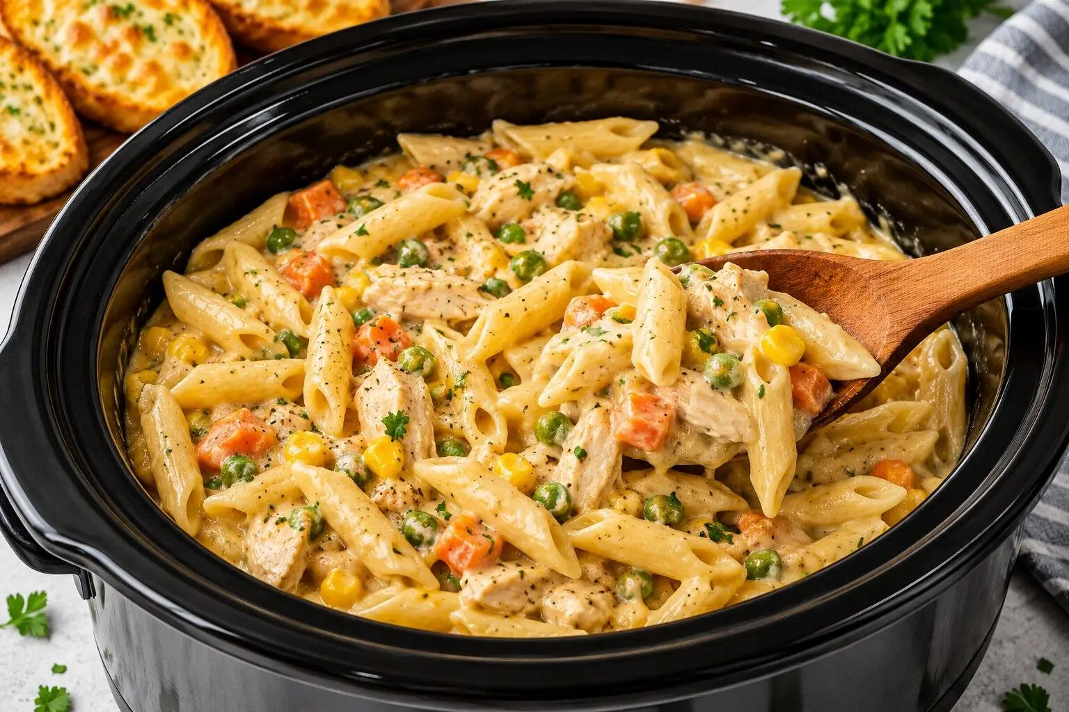Crock Pot Chicken Pot Pie Pasta – Easy, Creamy Slow Cooker Dinner 3 Creamy Crock Pot Chicken Pot Pie Pasta with tender chicken, penne pasta, peas, carrots, and corn in a rich sauce, served in a black slow cooker with a wooden spoon.