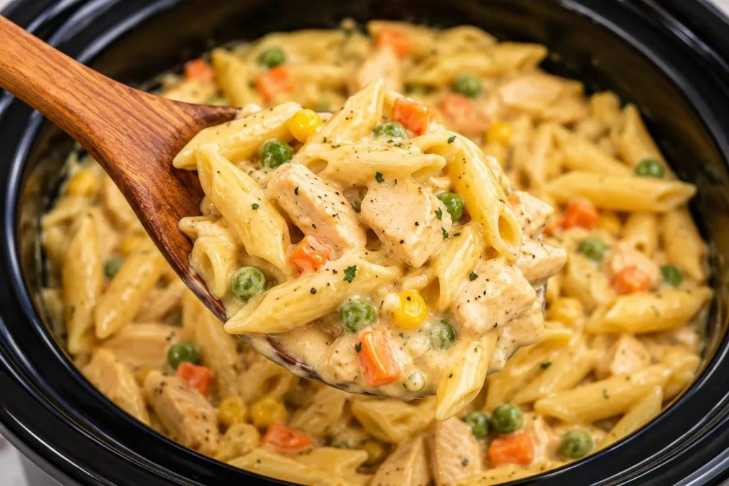 Crock Pot Chicken Pot Pie Pasta – Easy, Creamy Slow Cooker Dinner 4 Close-up of Crock Pot Chicken Pot Pie Pasta with tender chicken, creamy penne pasta, peas, carrots, and corn, lifted on a wooden spoon above a slow cooker.