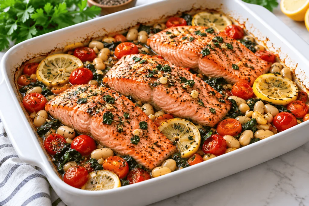 Delicious dump and bake salmon white bean tomato dinner featuring tender herb-seasoned salmon fillets, juicy cherry tomatoes, creamy white beans, fresh spinach, and lemon slices in a white baking dish.