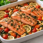 Delicious dump and bake salmon white bean tomato dinner featuring tender herb-seasoned salmon fillets, juicy cherry tomatoes, creamy white beans, fresh spinach, and lemon slices in a white baking dish.