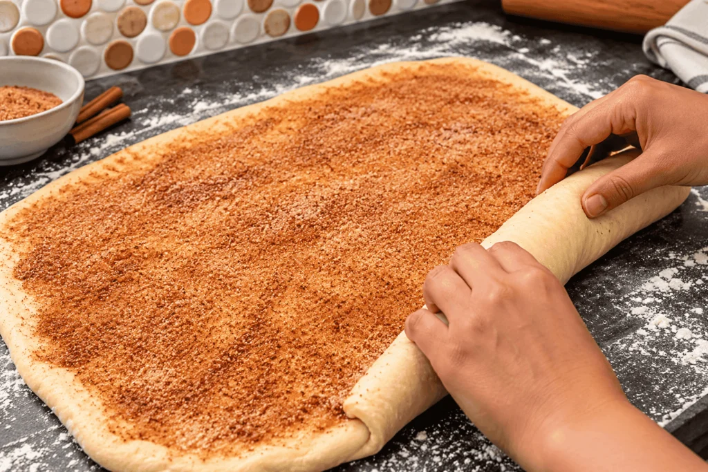 Hands carefully rolling soft homemade honey bun dough sprinkled with cinnamon sugar into a log on a lightly floured countertop.