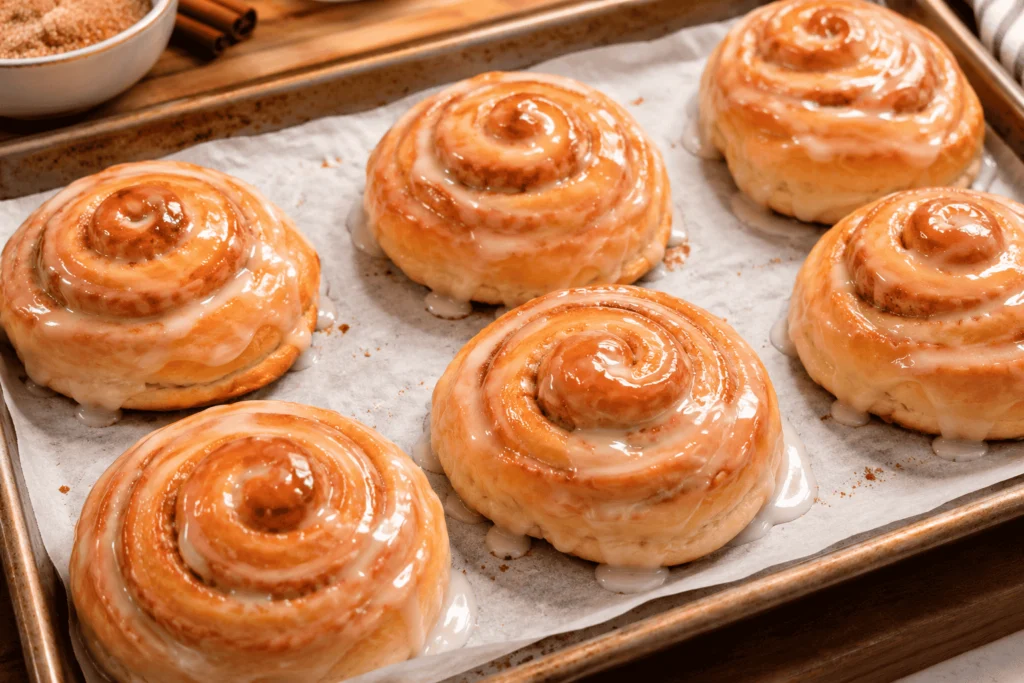 Freshly baked homemade honey buns with golden brown cinnamon swirls and a shiny sweet glaze, arranged on a parchment-lined baking sheet.