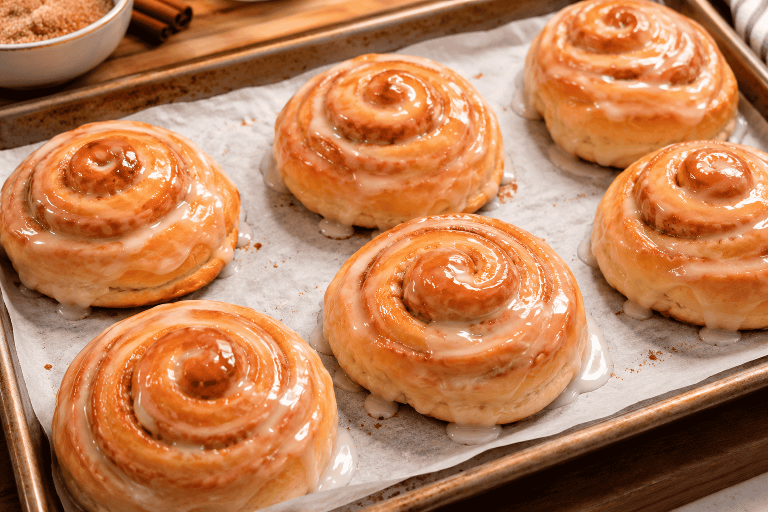 Freshly baked homemade honey buns with golden brown cinnamon swirls and a shiny sweet glaze, arranged on a parchment-lined baking sheet.
