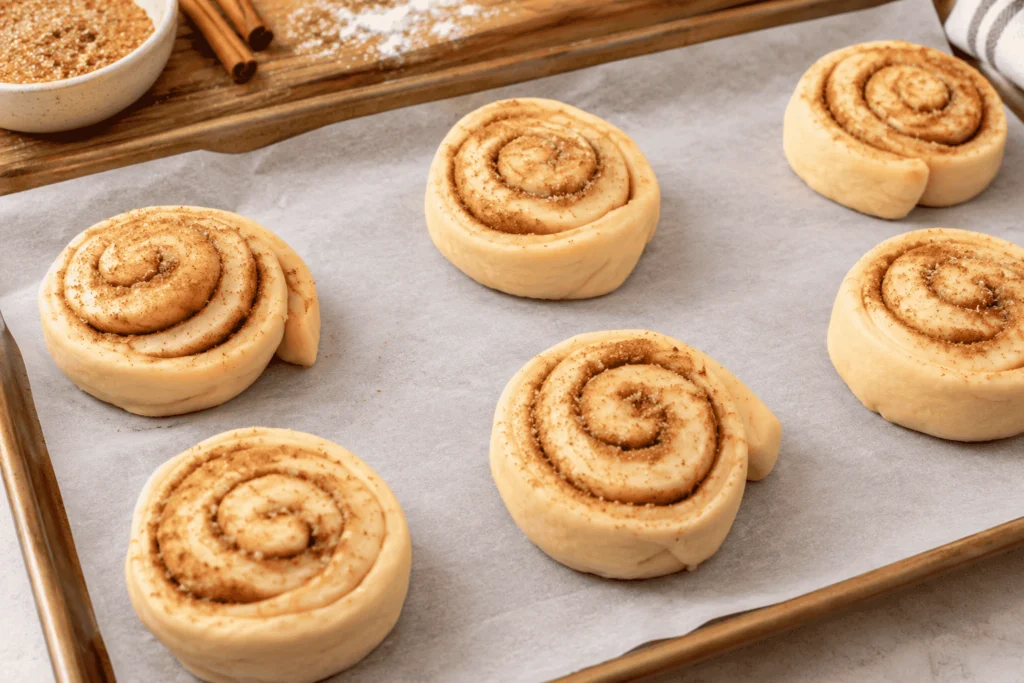 Unbaked homemade honey buns with cinnamon sugar swirls arranged on a parchment-lined baking sheet, ready to bake until golden and fluffy.