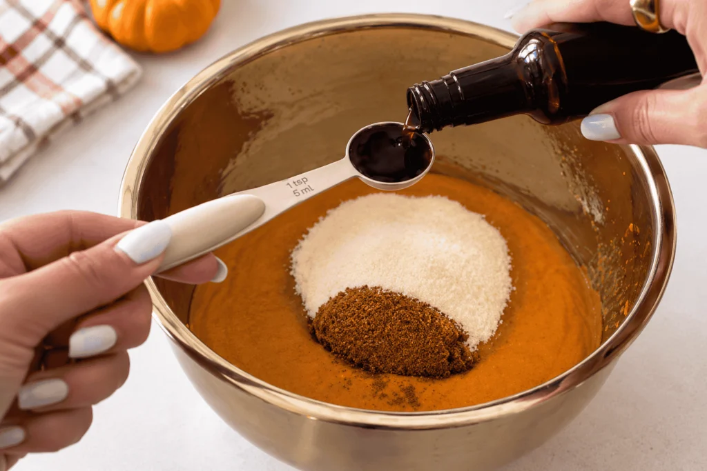 Adding vanilla extract to a stainless steel mixing bowl filled with pumpkin puree, sugar, and warm spices while preparing homemade pumpkin cream cheese muffins.