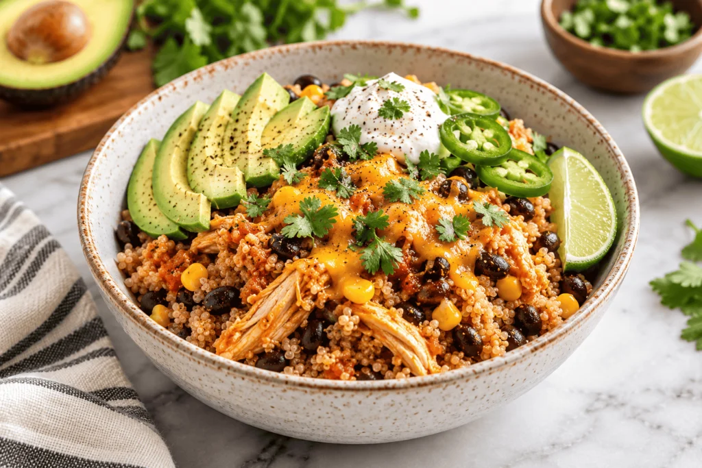 Slow cooker salsa chicken quinoa bowl with tender shredded chicken, black beans, corn, melted cheddar cheese, avocado slices, jalapeños, sour cream, fresh cilantro, and lime.