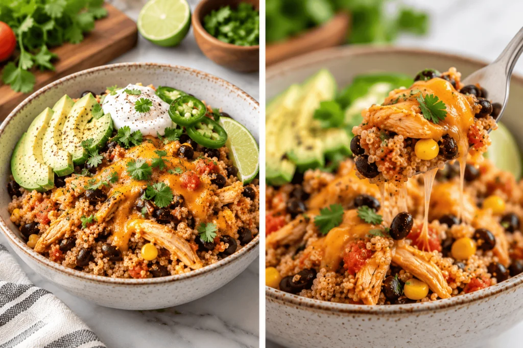 Slow Cooker Salsa Chicken Quinoa Bowls – Easy, Healthy & Flavorful Recipe 4 Close-up of a spoonful of salsa chicken quinoa with melted cheese, black beans, sweet corn, and tender shredded chicken served in a ceramic bowl.