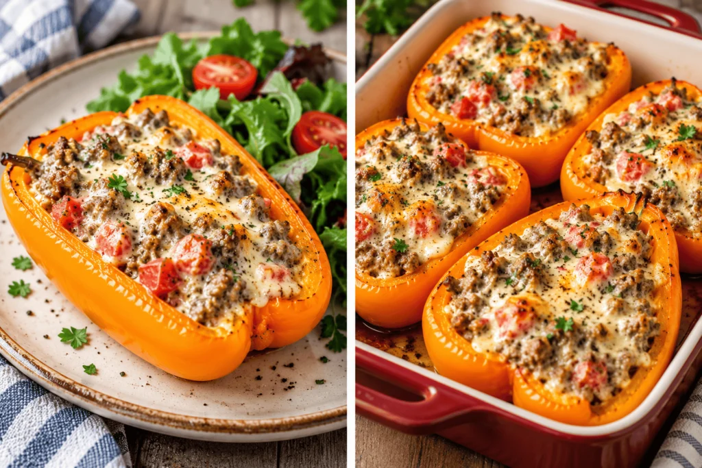 Golden roasted orange bell pepper filled with creamy cheese, seasoned ground beef, and diced tomatoes, served with fresh green salad.