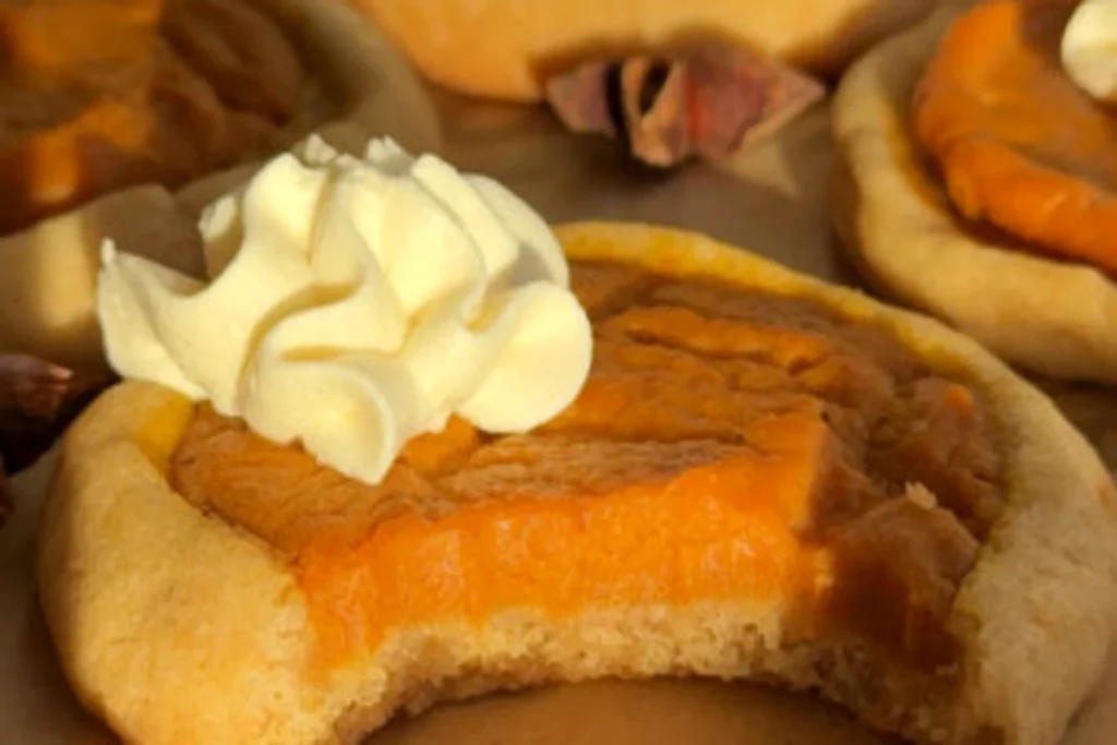 Pumpkin Pie Cookies Recipe – Easy, Soft & Delicious Fall Treat 4 Close-up of homemade pumpkin pie cookies with creamy pumpkin filling.
