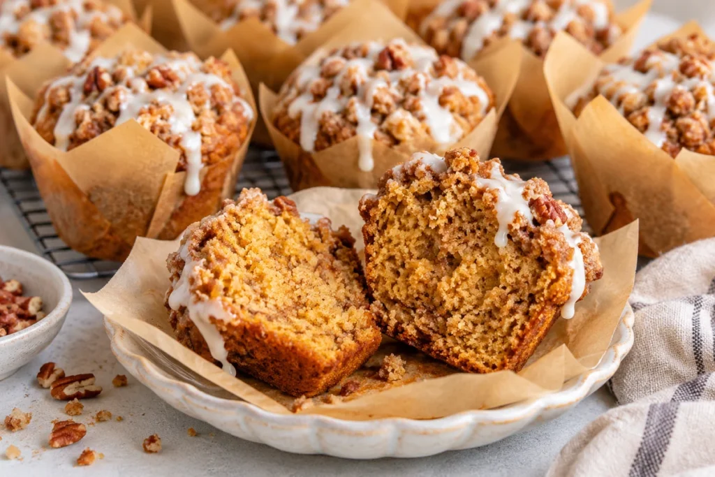 Pumpkin Streusel Muffins with Pecan Topping (Moist, Fluffy & Easy Recipe) 8 Pumpkin streusel muffin cut in half to reveal a soft, moist pumpkin crumb, topped with crunchy pecan streusel and vanilla glaze.